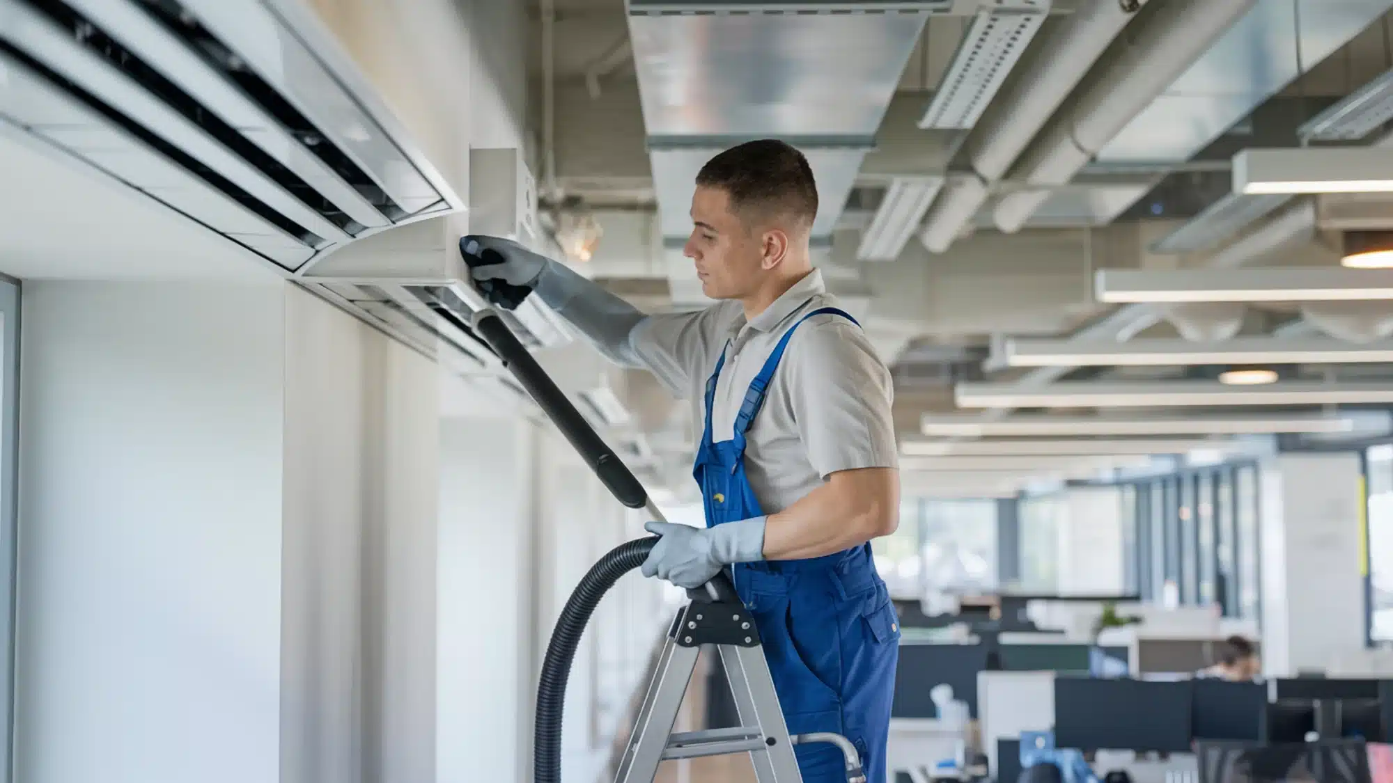 the-most-common-duct-cleaning-services-available-for-homeowners-in-weston-connecticut HVAC technician cleaning residential air ducts in Weston Connecticut to improve airflow and indoor air quality in a home