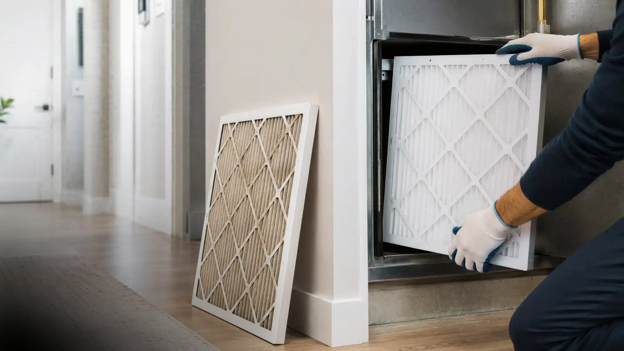 A hand holds a high MERV filter next to an HVAC unit, illustrating proper air filtration.