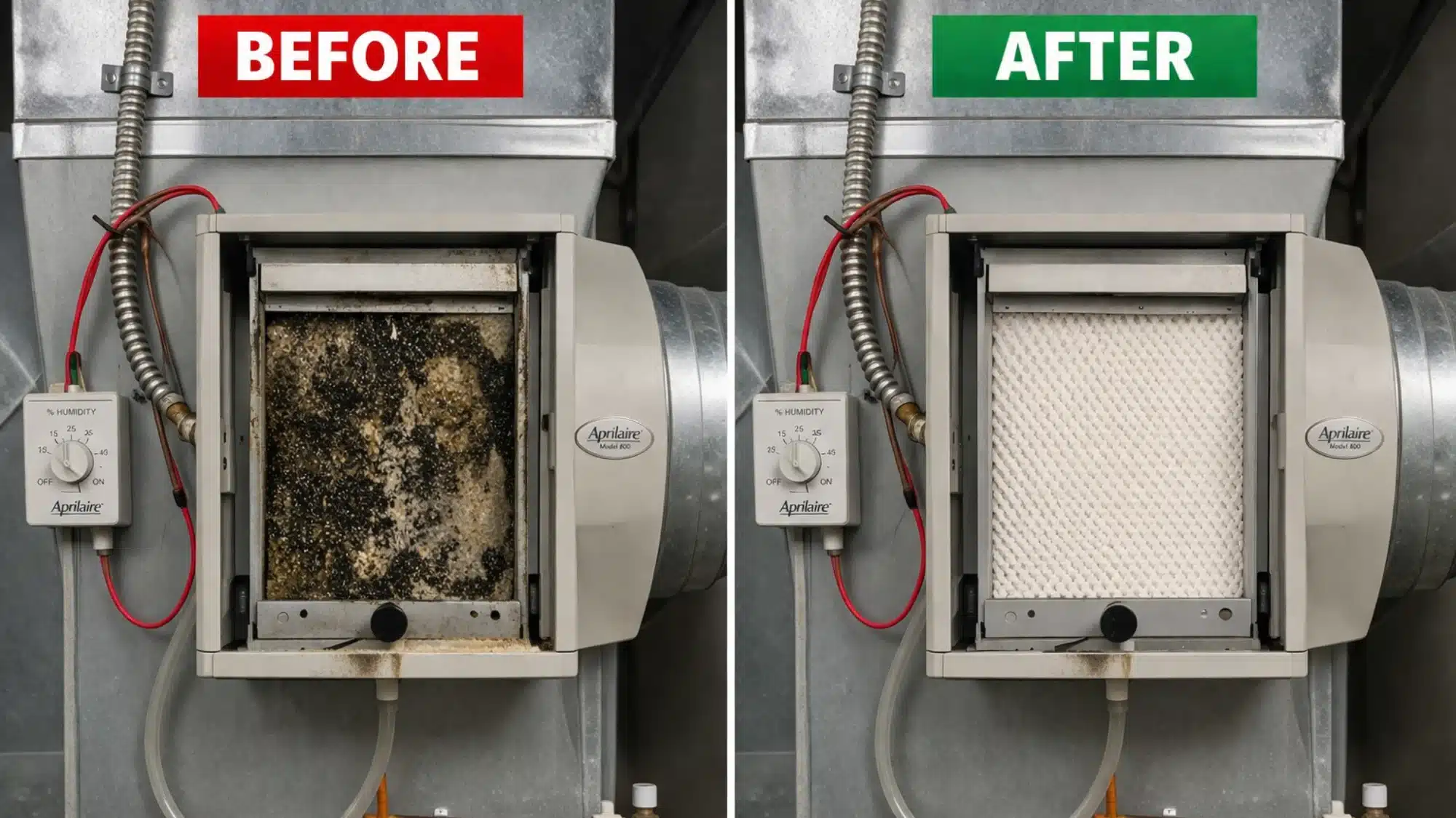 HVAC technician cleaning a whole-home ducted humidifier and preparing it for seasonal shutoff