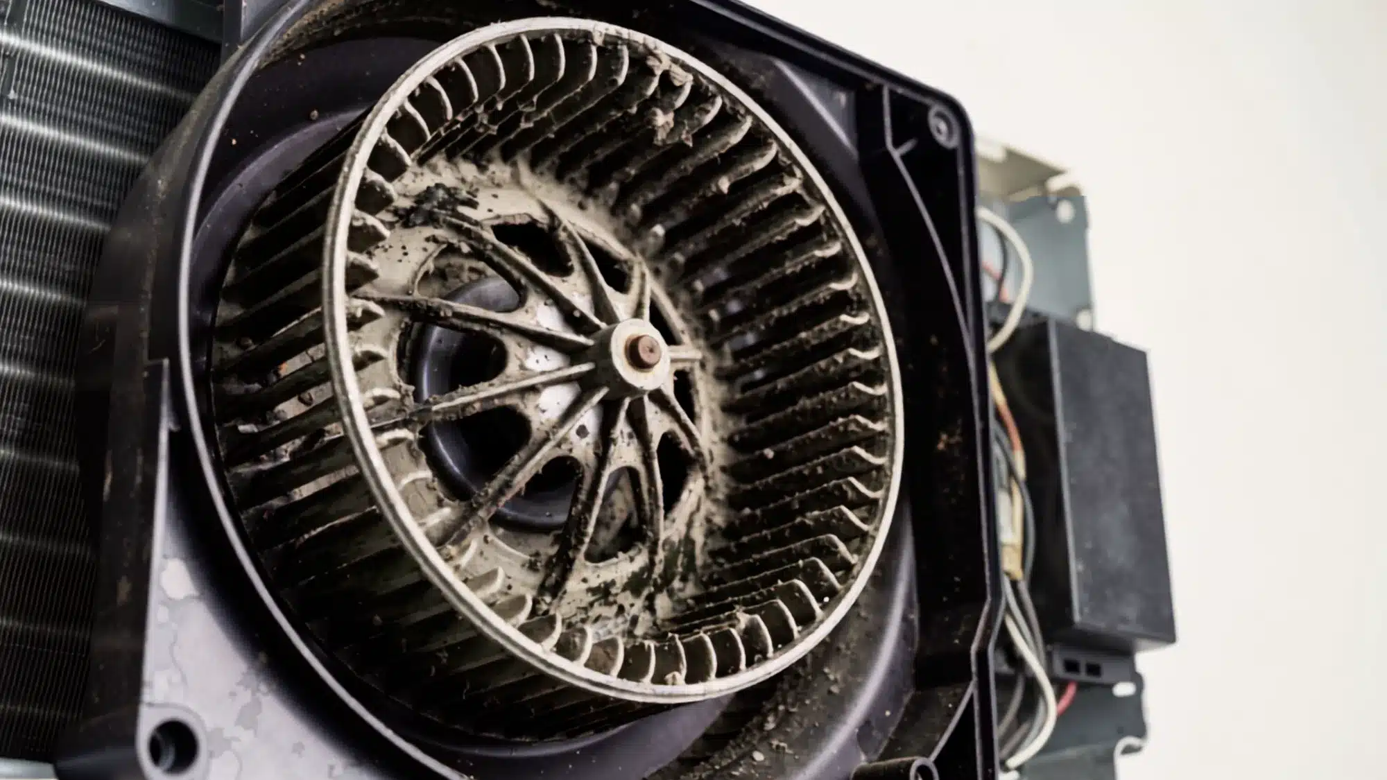 how-dirty-blower-wheels-reduce-hvac-efficiency-and-increase-energy-costs HVAC technician inspecting a dirty blower wheel covered with dust and debris inside an air-handling unit