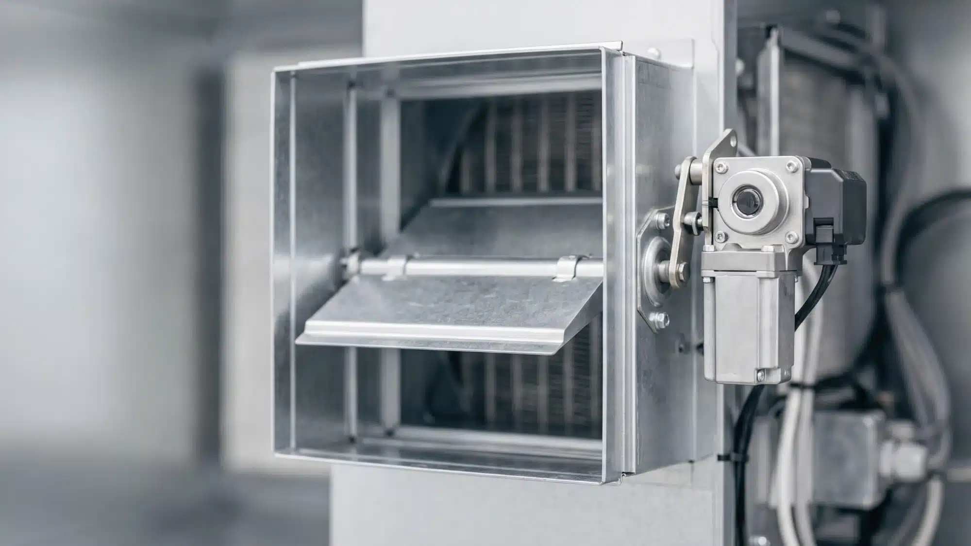 An animated diagram displays electronic HVAC dampers modulating airflow for optimal zoned climate control.